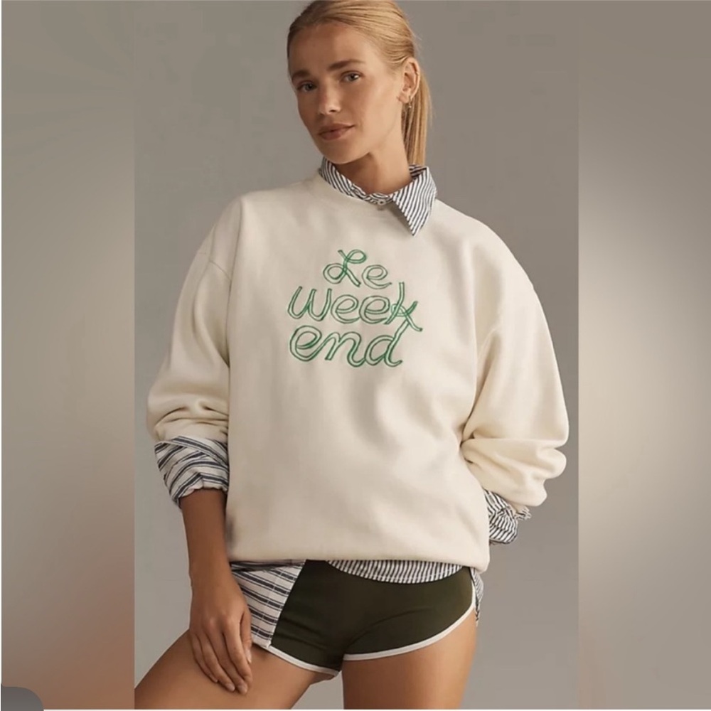 Clare V. Le Weekend Embroidered Comfy Sweatshirt Sweater Cream Off White Green